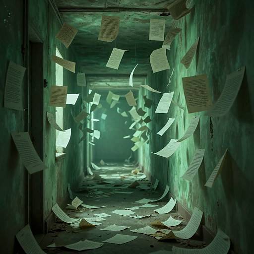 Photograph of a dimly lit, abandoned hallway with green-tinged walls, scattered papers floating in the air, and a mysterious, glowing light