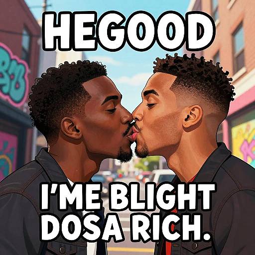 Digital illustration of two Black men kissing with closed eyes, wearing black shirts, against a colorful urban street backdrop. Bold text reads, 