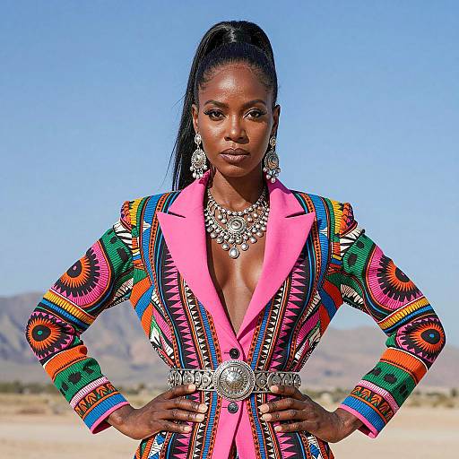 Black Woman in Colorful Patterned Jacket and Silver Jewelry