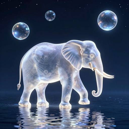Glowing, translucent elephant illuminated with light patterns, surrounded by floating bubbles, against a dark blue starry background, standing on reflective water. Digital