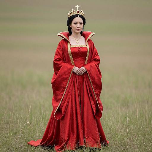Photograph of a pale-skinned, dark-haired woman in a red velvet royal gown with gold trim, crown, standing in a grassy field.