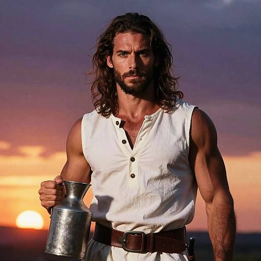 Photograph of a muscular, bearded man with long brown hair, wearing a white sleeveless shirt and brown belt, holding a metal pitcher against a