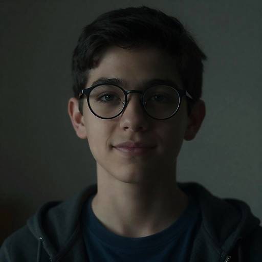 Photograph of a young boy with short dark hair, wearing black round glasses and a dark hoodie, smiling softly in dim lighting.
