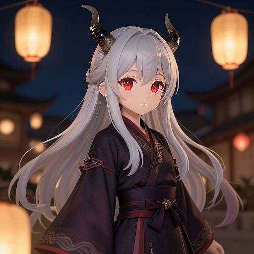 Digital anime-style illustration of a young girl with long silver hair, red eyes, black horns, wearing a black kimono, standing in a nighttime Japanese