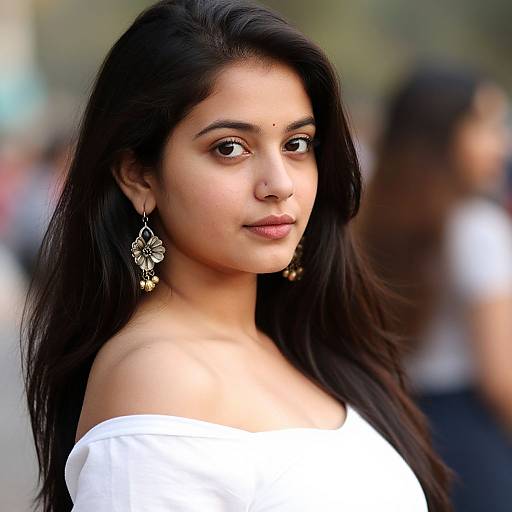 Photograph of a young South Asian woman with long black hair, brown eyes, white off-shoulder top, and ornate gold earrings, looking