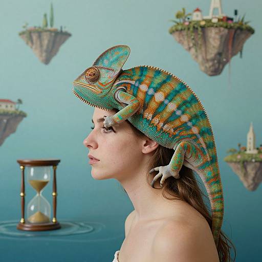 Photorealistic digital art: Woman with bare shoulders, brown hair, and closed eyes, has colorful chameleon on her head; floating islands and hour