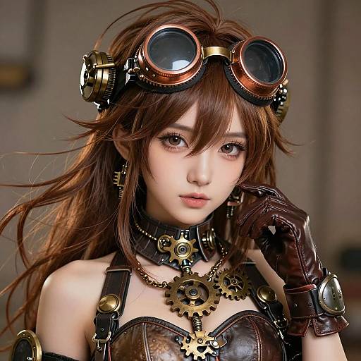 Digital art of an anime-style young woman with brown hair, steampunk goggles, brass gears, leather gloves, and a brown leather top. Bl