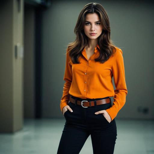Confident Woman in Orange Shirt and Black Pants