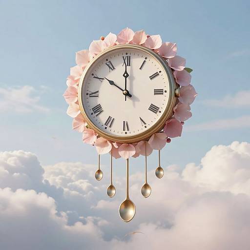 Photograph of a floating, vintage clock adorned with pink cherry blossoms and gold pendulum orbs, set against a bright blue sky with fluffy white clouds