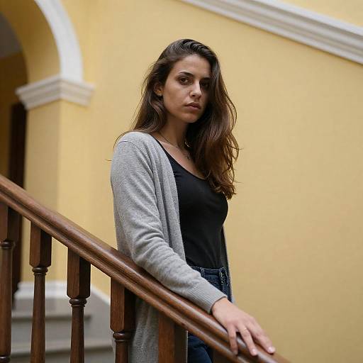 Elegant Woman on Wooden Staircase