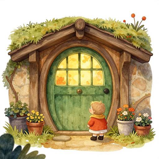 Whimsical digital illustration: A child in an orange coat stands before a green, round, wooden door in a grassy, flower-potted hob