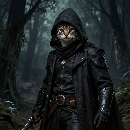 Digital art of a fierce, anthropomorphic cat warrior in a dark forest, wearing a black hooded cloak, leather armor, and holding a sword.