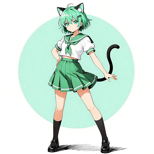 Energetic Seafoam Cat-Eared Schoolgirl Portrait