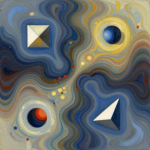 Abstract digital painting featuring swirling blue, yellow, and red marbled patterns with four glowing, geometric shapes: two white triangles and two circular suns.
