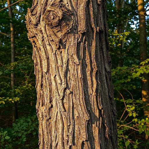 Photograph of a sunlit tree trunk with rough, textured bark and deep grooves, set against a background of dense, green foliage in a forest