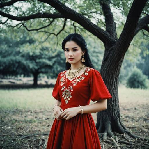 Woman in Red Traditional Dress Outdoors