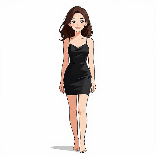 Digital anime-style drawing of a smiling young woman with brown hair in a black, sleeveless, form-fitting dress, barefoot, standing against a