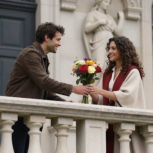 Man Giving Flowers to Woman on Stone Balcony