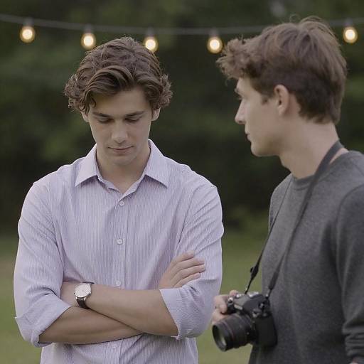 Two Young Men Outdoors with String Lights
