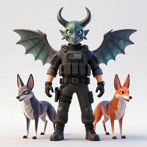 Digital CGI image of a black-armored, green-skinned demon with wings, horns, and sharp teeth, flanked by a gray wolf and an