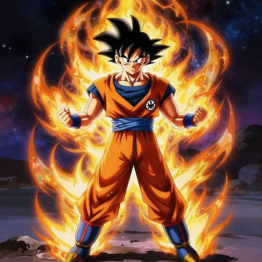 Digital anime drawing of Super Saiyan Son Goku standing with fiery aura, wearing orange gi, blue sash, and blue wristbands. Dark starry