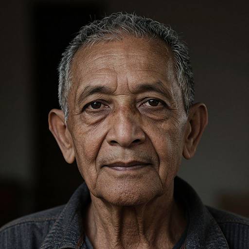 Photograph of an elderly man with short gray hair, deep wrinkles, and brown eyes, wearing a dark gray robe, looking directly at the camera with