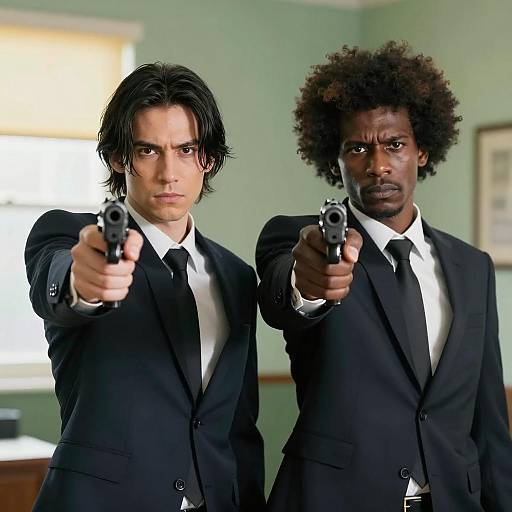 Two Men in Suits Pointing Guns