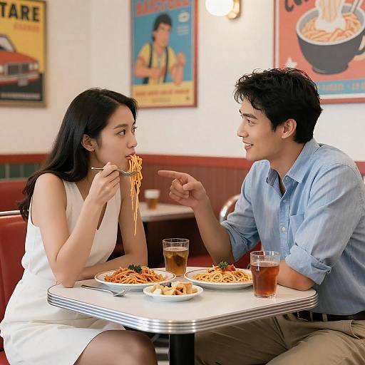Young Couple Enjoying Pasta at Retro Diner