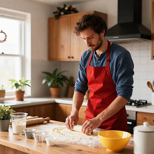 Man Baking in Kitchen with Red Apron