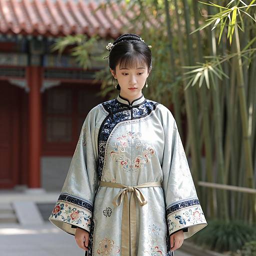 Photograph of an East Asian woman in a silver silk traditional Korean hanbok with black floral embroidery, standing in front of a bamboo garden and traditional