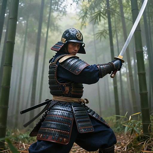 Photograph of a samurai warrior in traditional armor, wielding a sword in a misty bamboo forest, with sunlight filtering through.