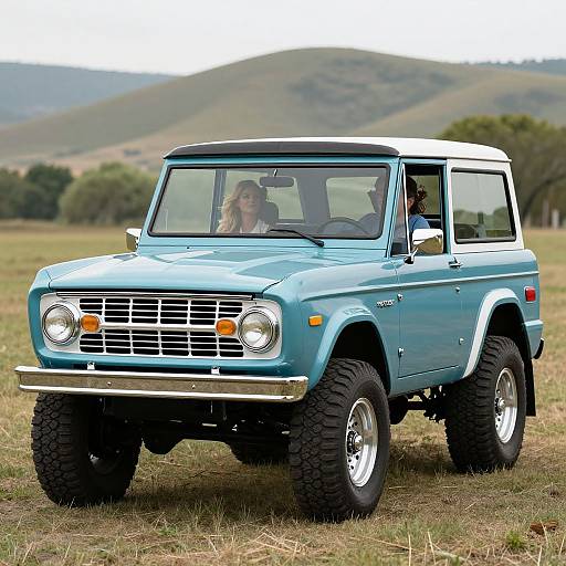 Photograph of a light blue, vintage, lifted Jeep with large off-road tires, driven by a man and woman, on a grassy hill with