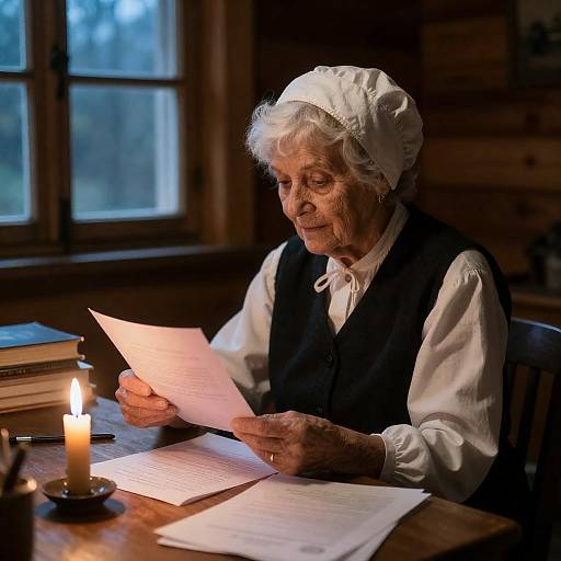 Elderly Woman Reading Letter by Candlelight