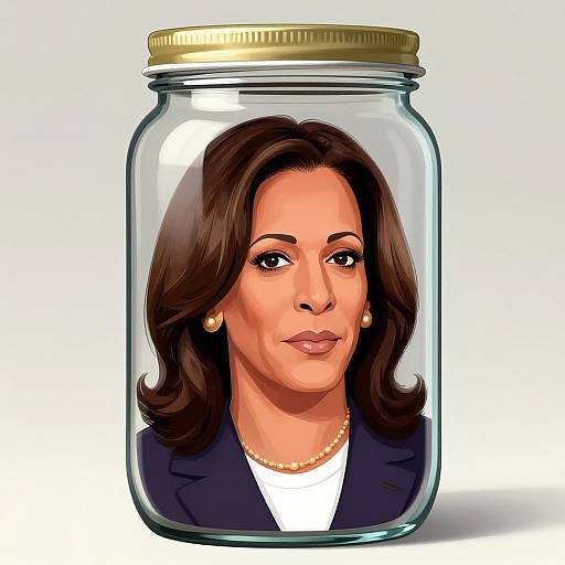 Digital illustration of a woman with brown hair, pearl earrings, and a navy blazer, inside a clear glass jar with a gold lid, white background