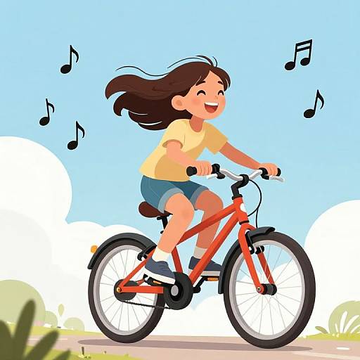 Cartoon of joyful girl with long brown hair, wearing yellow shirt and blue shorts, riding red bike outdoors, music notes floating.