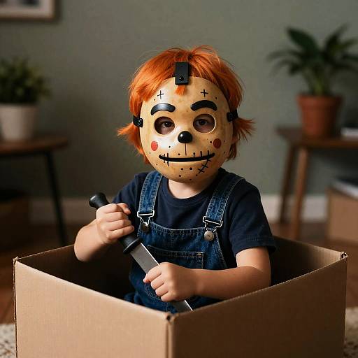 Child Wearing Freddy Krueger Mask Holding Knife in Cardboard Box
