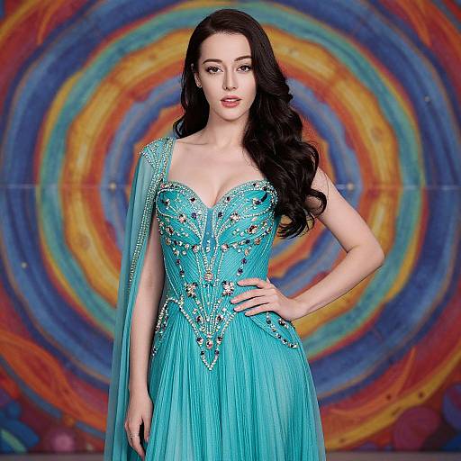Photograph of a fair-skinned woman with long black hair in a turquoise, strapless dress with intricate blue and silver embroidery, standing against a vibrant