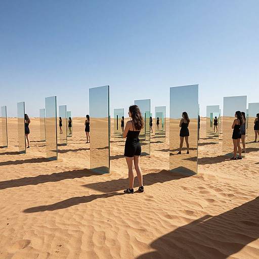 Photograph of a desert installation with silhouetted people standing behind transparent glass panels, casting long shadows on the sandy ground under a clear blue sky