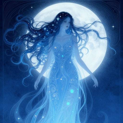 Digital art: Ethereal woman with flowing blue hair, wearing a glowing blue dress, stands before a bright full moon, surrounded by stars, in a