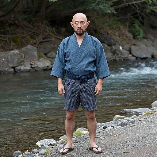 Photograph of bald, bearded man with pointed ears, wearing blue yukata, black shorts, and sandals, standing by a rocky river in