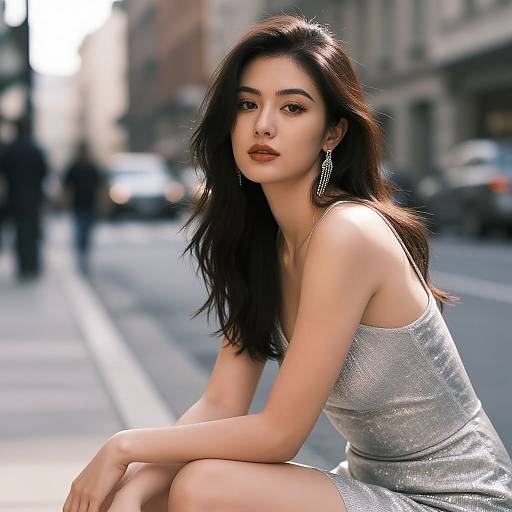 Photograph of a young woman with long dark hair, wearing a sparkly silver dress and dangling earrings, sitting on an urban street. Background shows blurred
