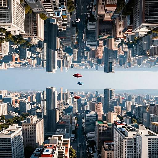 Aerial photograph of a densely packed cityscape with towering skyscrapers, colorful rooftops, and a clear blue sky between them. Two small red