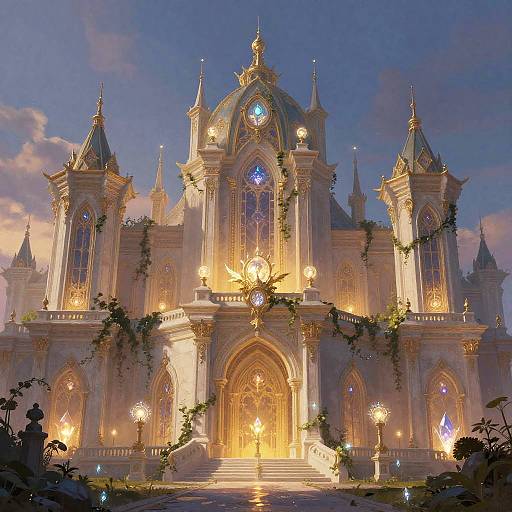 Digital painting of a grand, illuminated Gothic cathedral at dusk, adorned with glowing windows, ornate spires, and vines, set against a twilight sky
