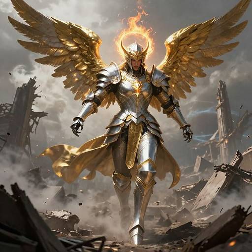 Digital art of a golden-winged, armored angel with a flaming helmet, standing amidst a ruined, smoky battlefield. Fiery aura, powerful presence