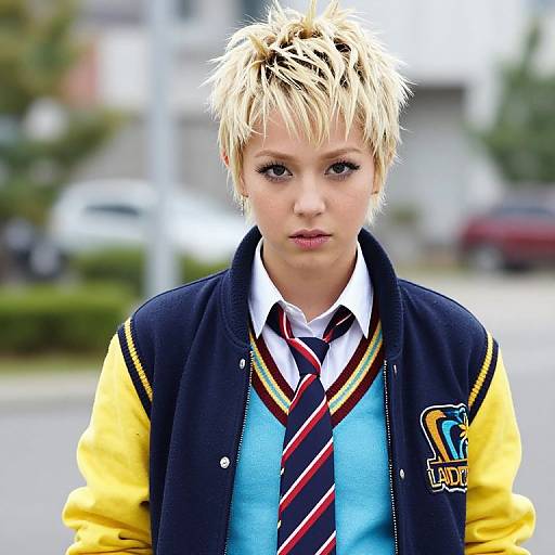 Photograph of a young person with blonde, spiky hair, wearing a blue varsity jacket with yellow sleeves, striped tie, and white shirt,