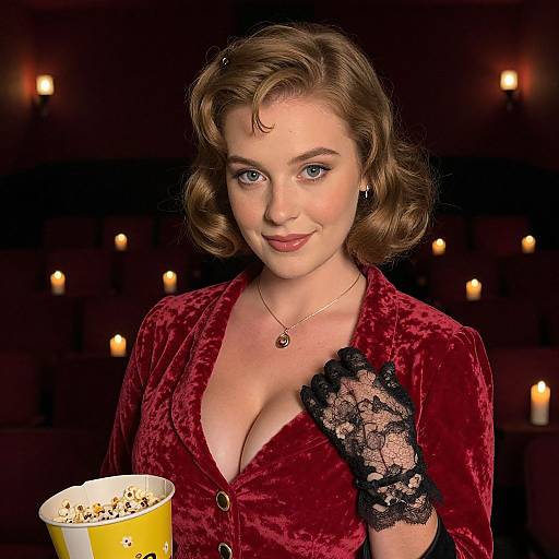 Photorealistic digital art of a fair-skinned, blue-eyed woman with vintage curl hairstyle, wearing a deep red velvet dress and black lace glove,
