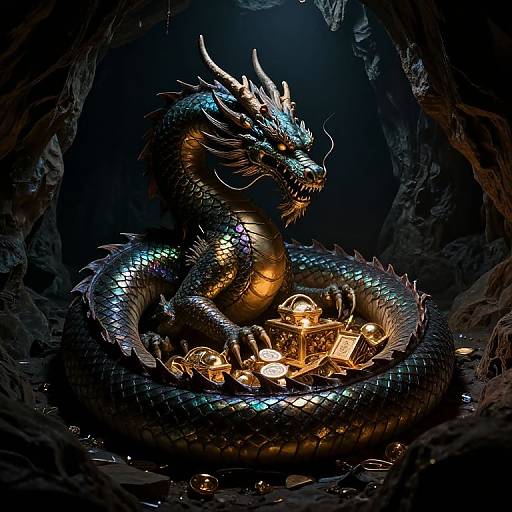 Digital artwork of a glowing, metallic blue dragon with horns and scales, curled around a treasure chest filled with golden objects in a dark, rocky cave.