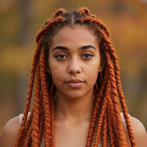Photograph of a young black woman with orange dreadlocks, neutral expression, brown eyes, and natural makeup, against a blurred autumn background.