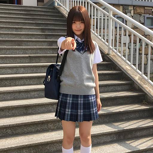 Smiling Japanese Schoolgirl on Stone Steps