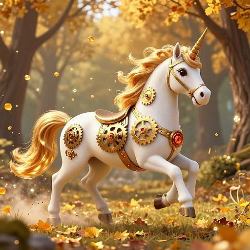 Clockwork Unicorn in Autumn Forest
